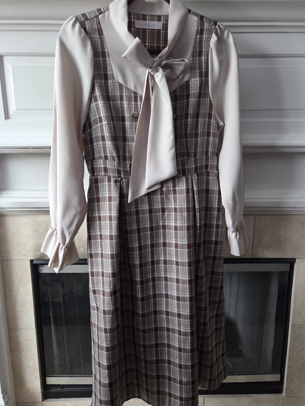 Dear My Love Rose Brown Plaid Bow Dress Pearl Buttons Long Slv J-Fashion Size M